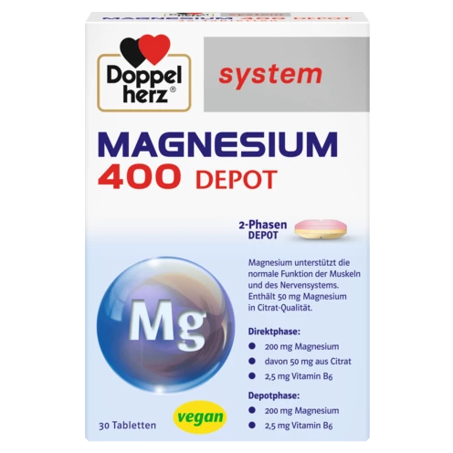 Abbildung der Produktverpackung Doppelherz system MAGNESIUM 400 DEPOT Frontansicht
